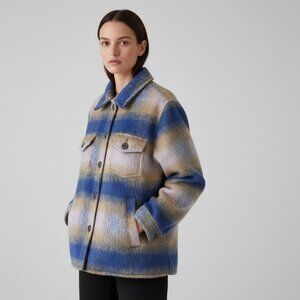 GAP Blue Tan Plaid Lofty Shacket Relaxed Fit Jacket Button Front Cozy Size Large